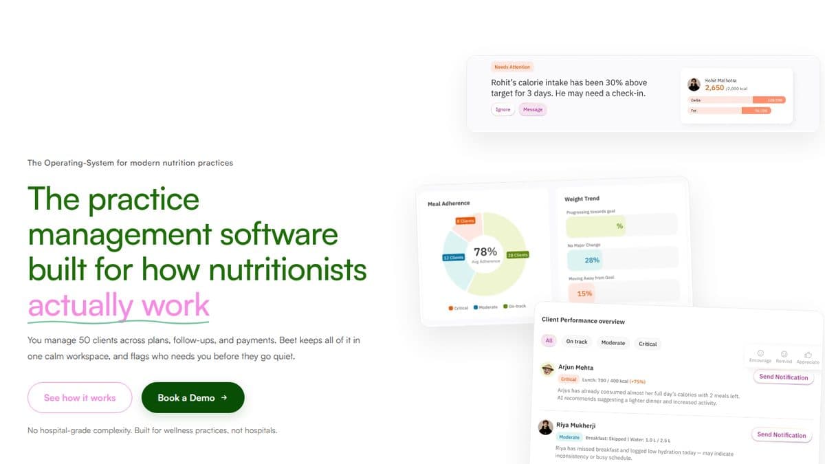 beet.health landing page, practice management software for nutritionists, with product UI