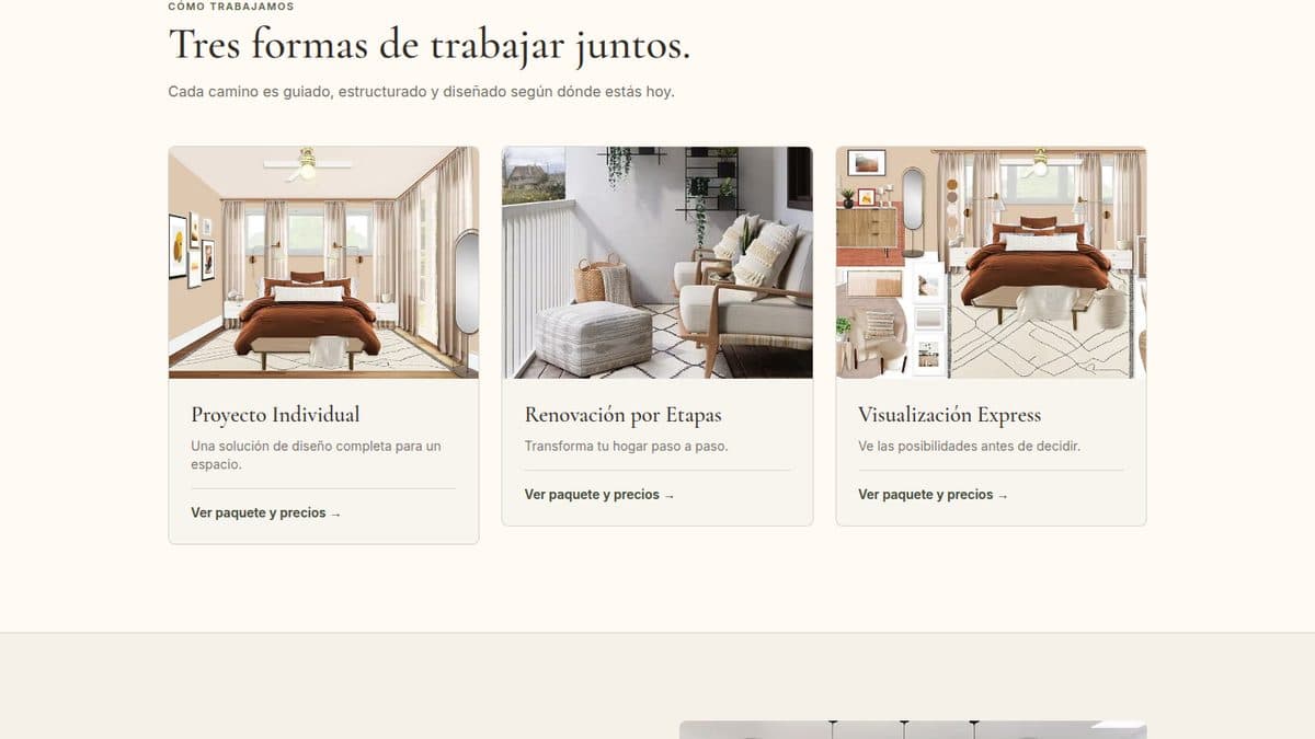 Dizzo Interiors website, three guided ways of working together, with room imagery