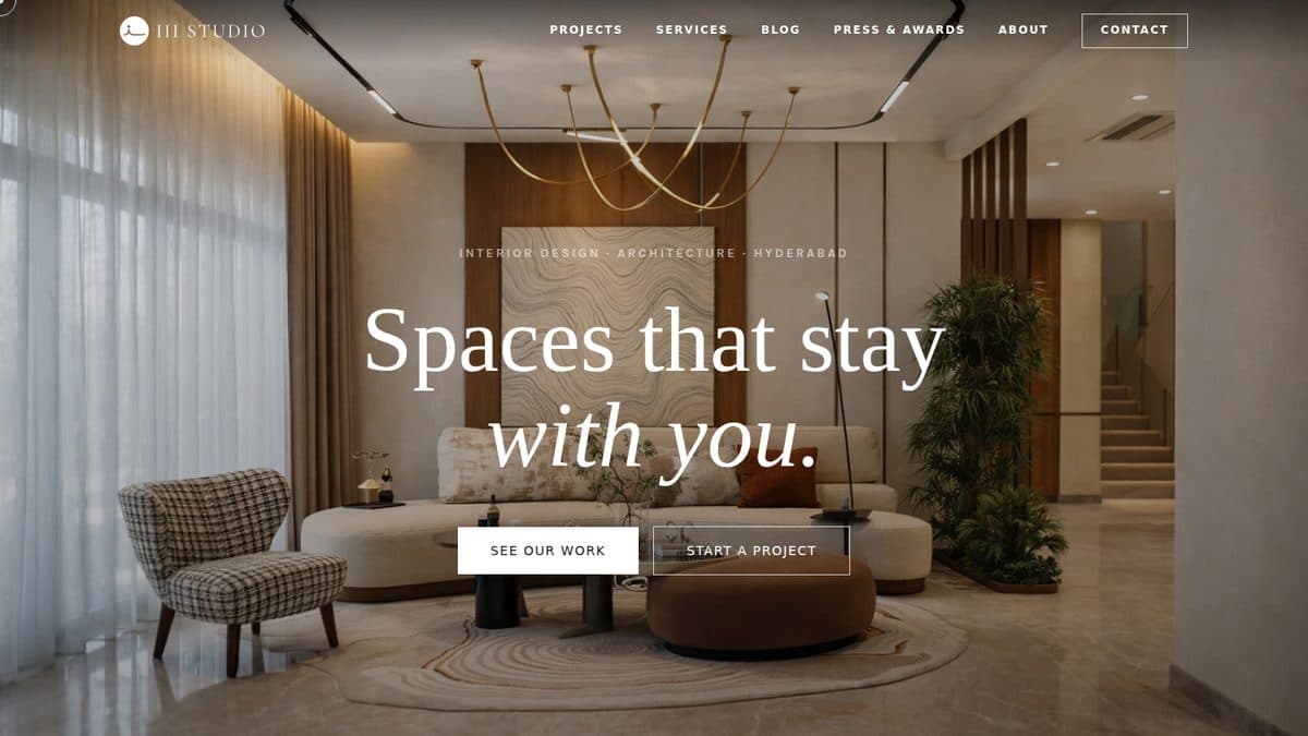 iii studio website hero, Spaces that stay with you, over a warm interior scene